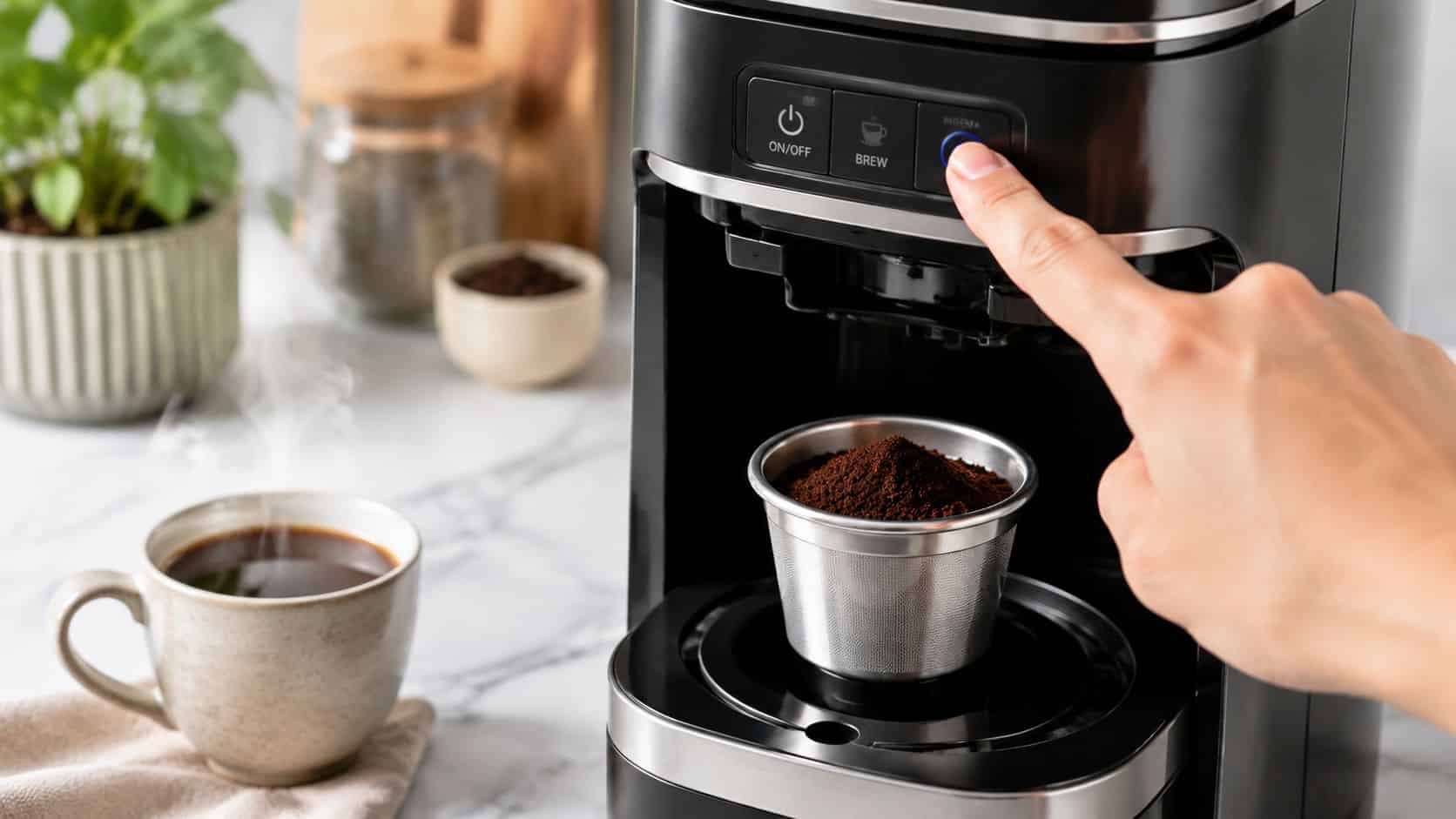 A person pressing the brew button on a modern black coffee machine with a reusable coffee pod.