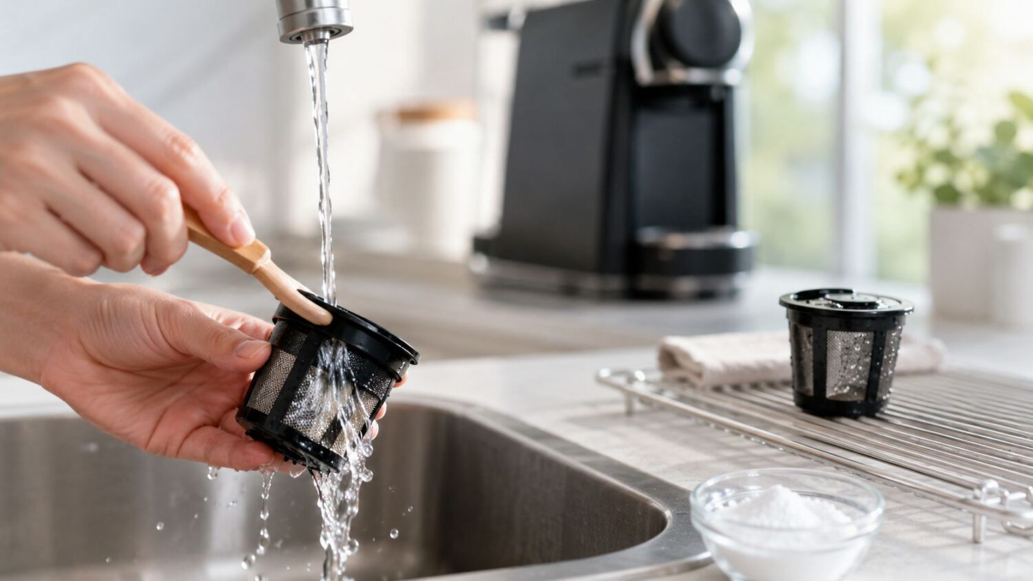 Hands cleaning coffee maker filter under running water with brush