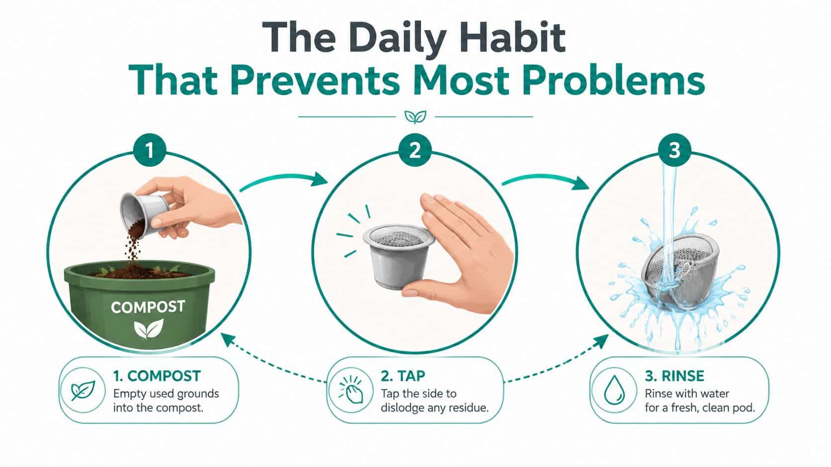 A three-step infographic showing how to properly empty, tap, and rinse a reusable coffee pod for cleaning.