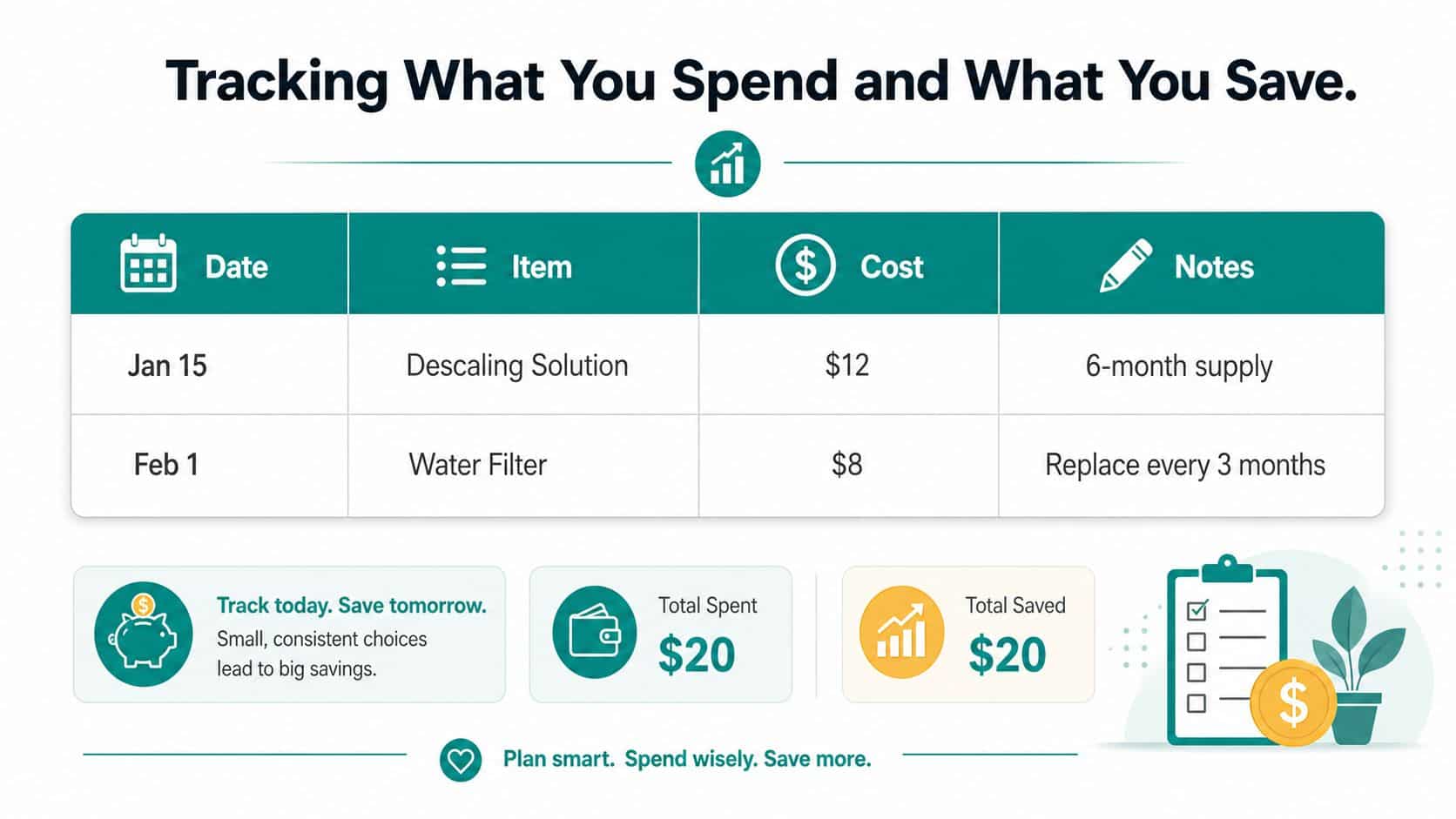 A financial tracking table showing expenses for maintenance items and a summary of total spending and savings.