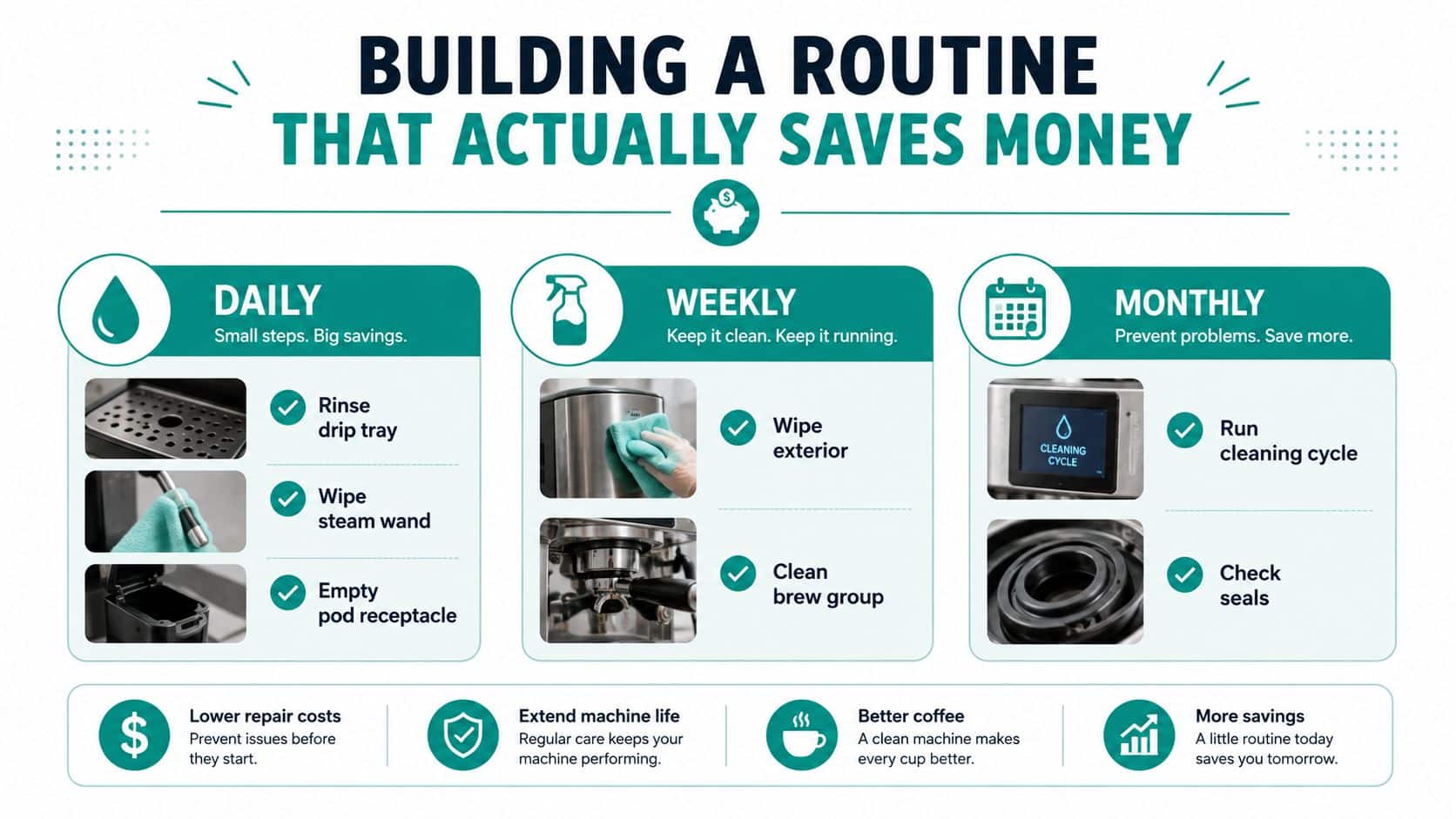 An infographic showing daily, weekly, and monthly maintenance steps for a coffee machine to save money.