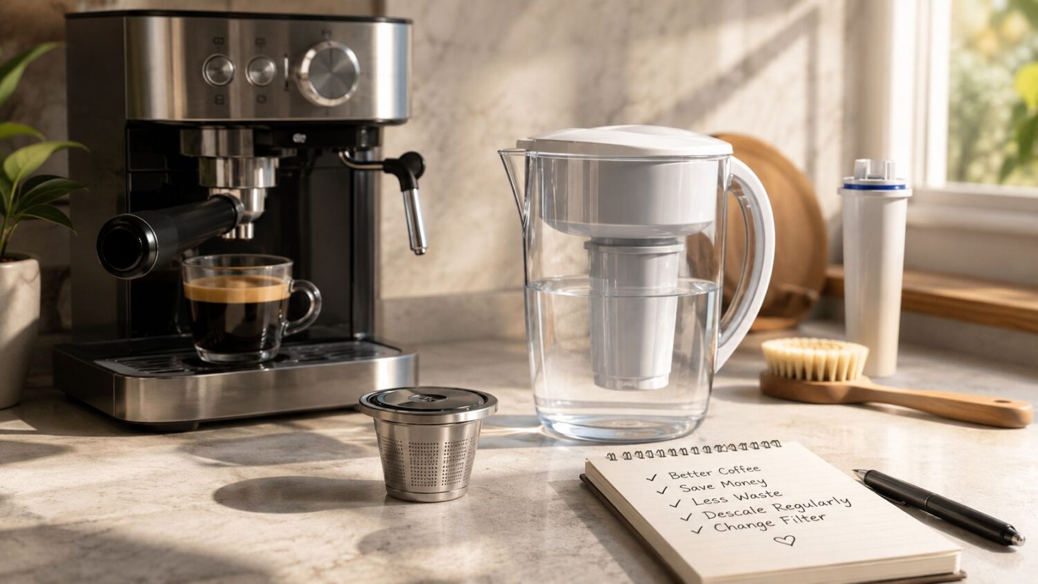 Espresso machine, coffee filter, and water filter pitcher with checklist