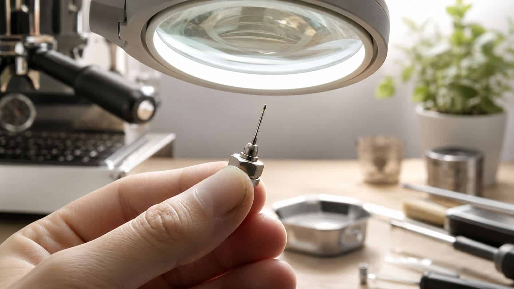 A close-up view of a person holding a small precision espresso machine part under a magnifying lamp.