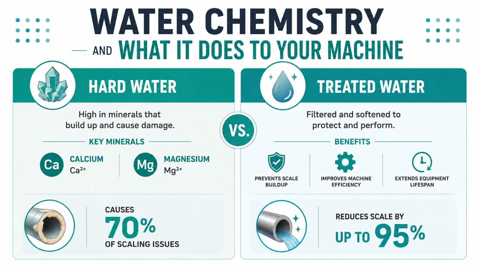 An infographic comparing hard water and treated water, explaining their effects on machinery and maintenance.