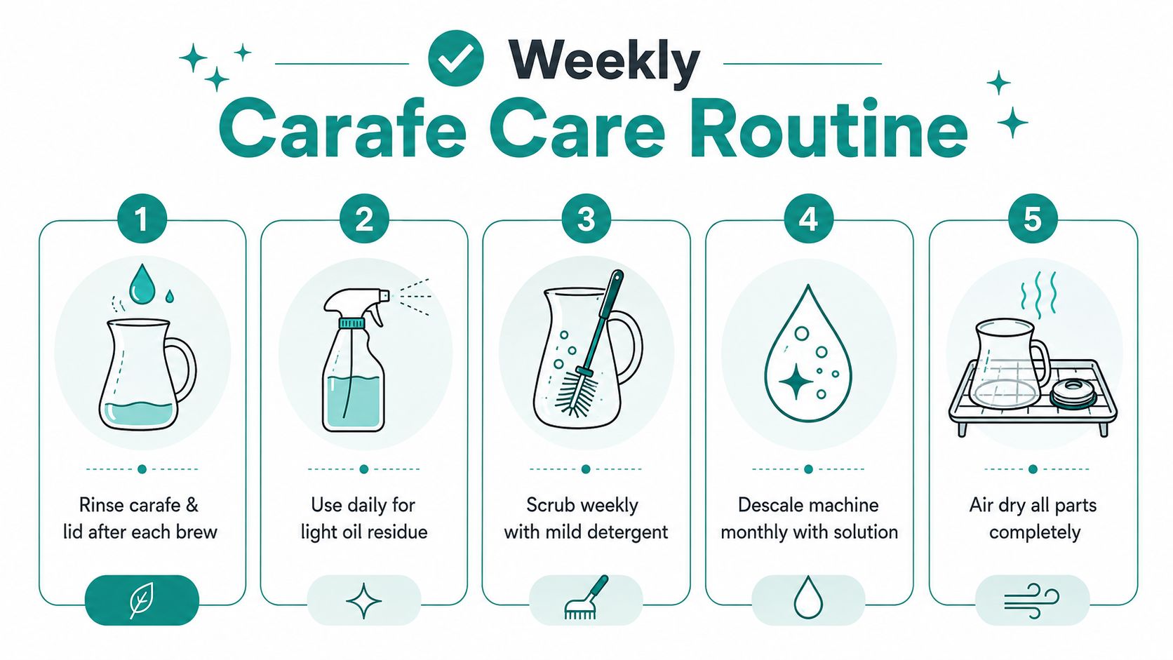 A step-by-step infographic illustrating the weekly maintenance routine for cleaning a coffee carafe effectively.