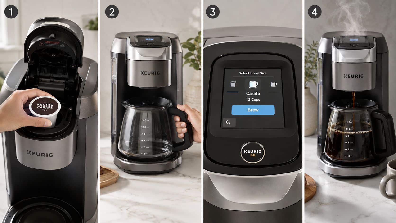 A sequence of four steps showing how to use a Keurig coffee maker with carafe pods.