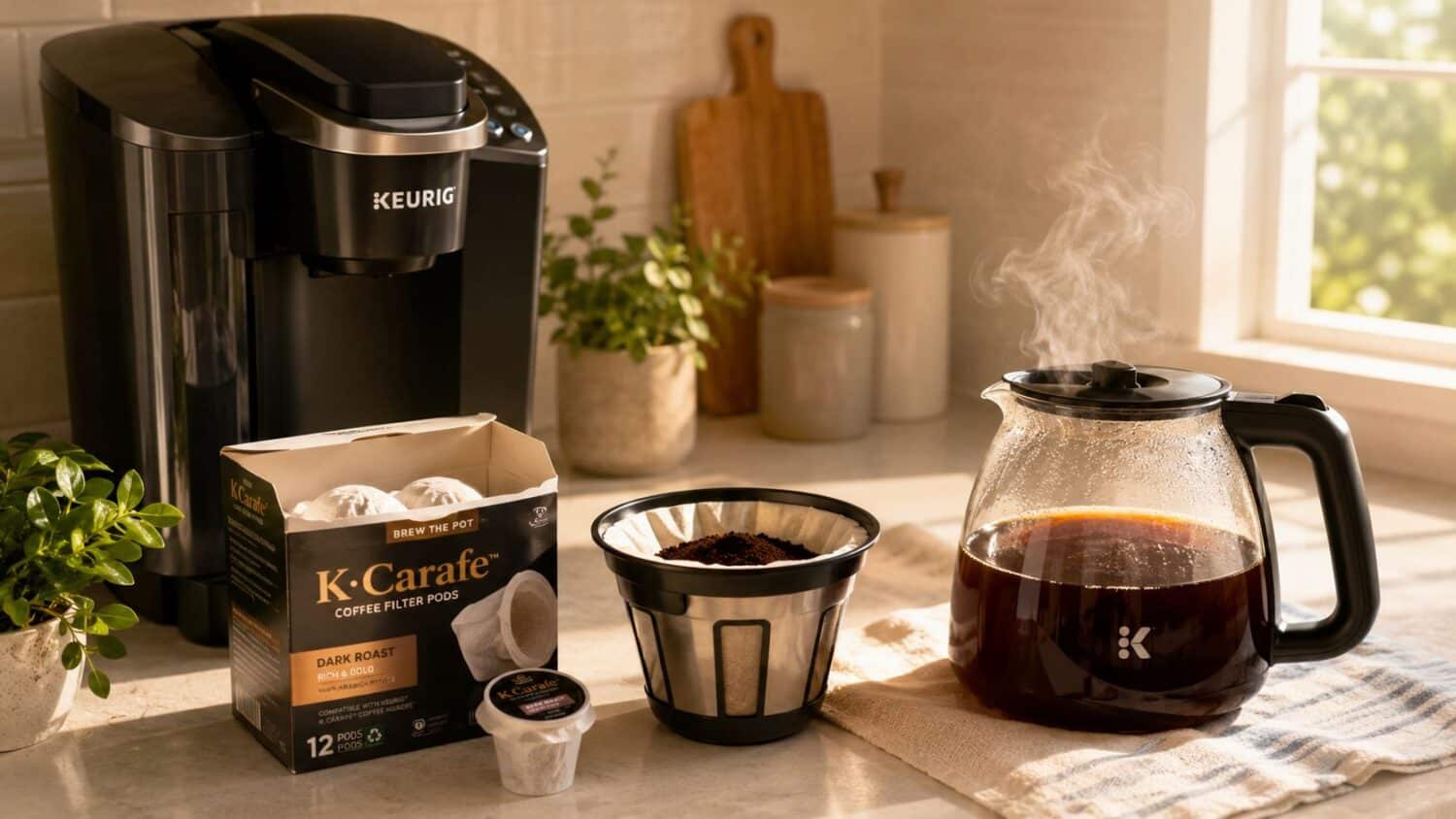 Keurig coffee maker, K-Carafe coffee pods, and a carafe of hot coffee