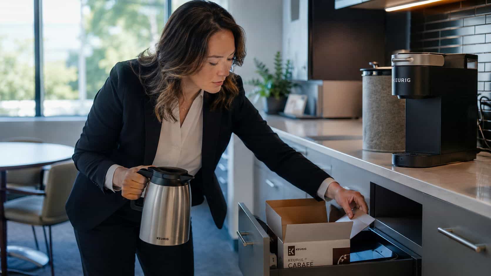 A professional woman in a suit retrieves a box of Keurig carafe pods from an office kitchen drawer.