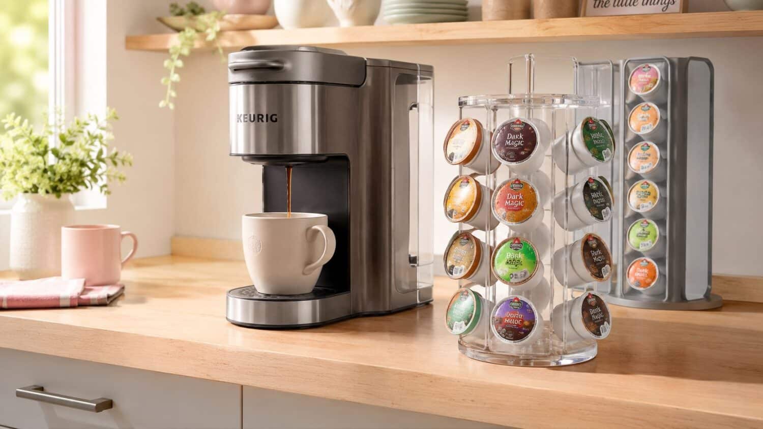 Keurig coffee maker brewing coffee with a variety of K-Cup pods in a carousel