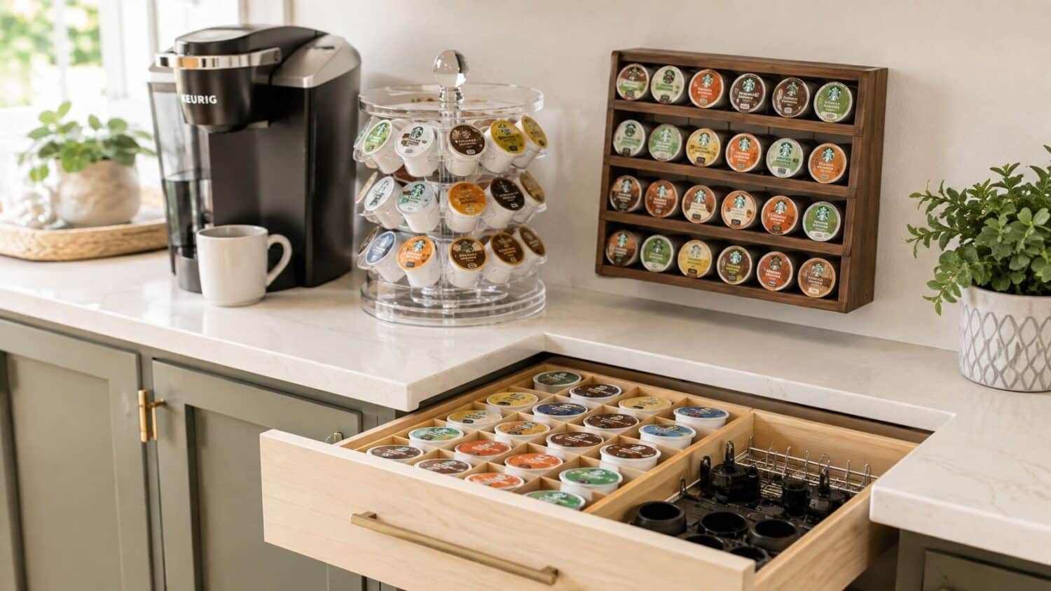 Keurig coffee maker with K-Cup organizers and coffee pods