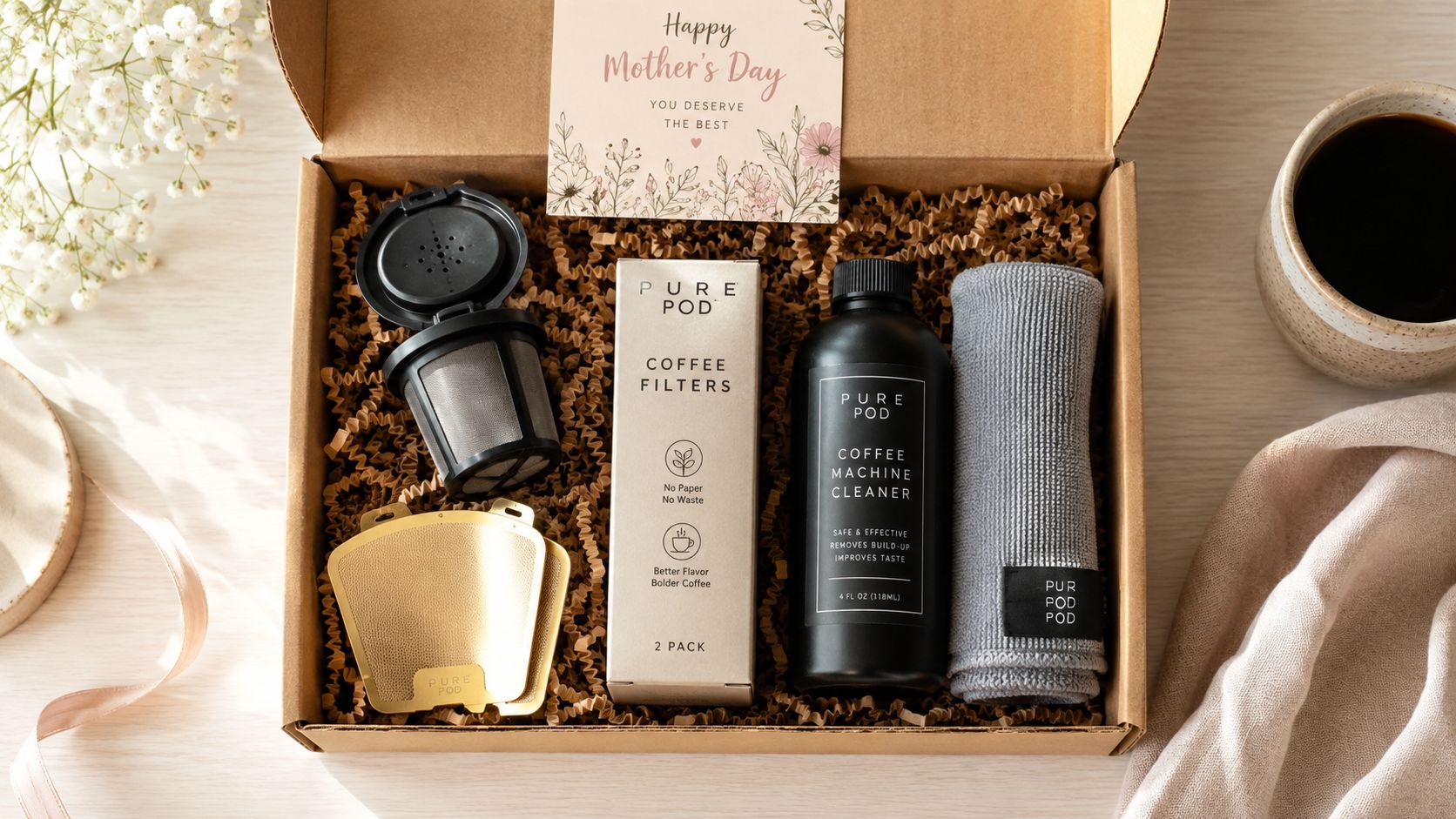 A gift box for Mother's Day containing reusable coffee filters, a machine cleaner bottle, and a cloth.