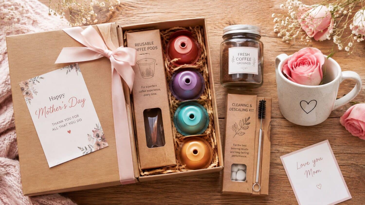 Mother's Day coffee gift box with reusable pods, grounds, and cleaning kit