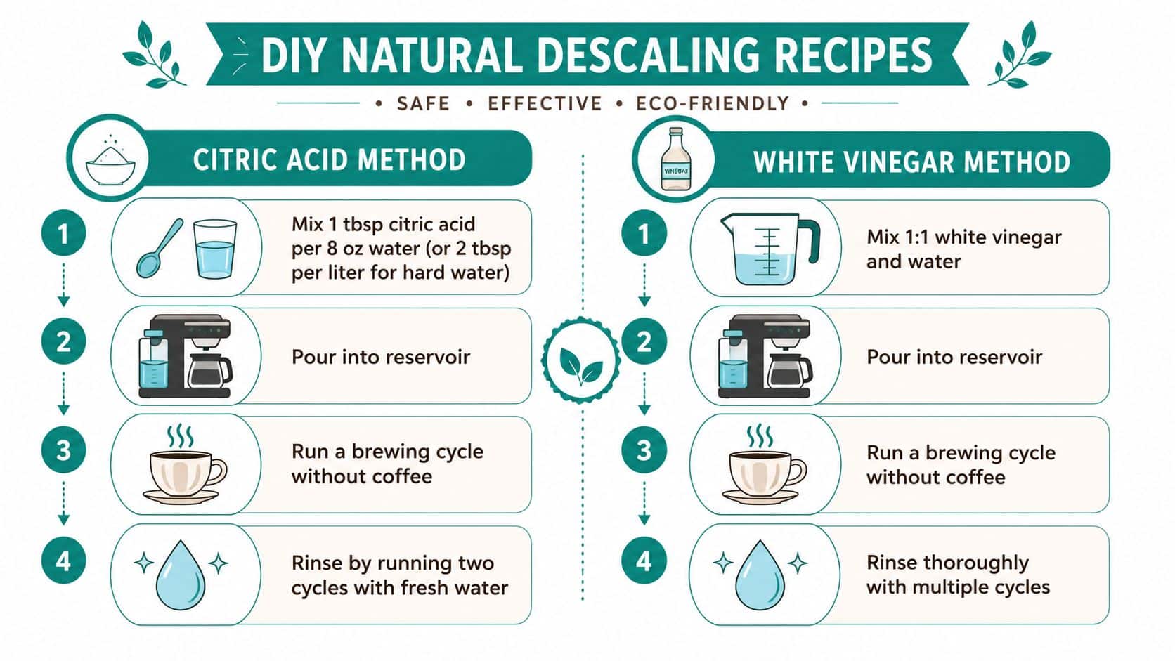 An infographic showing instructions for using citric acid or white vinegar as natural descaling solutions for coffee machines.