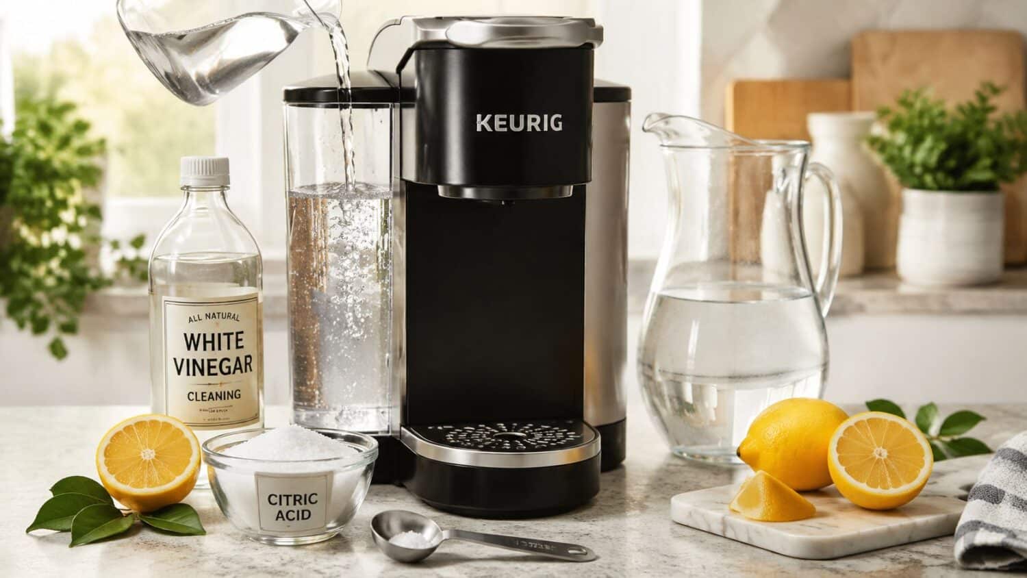Keurig cleaning supplies: white vinegar, citric acid, lemons, and water