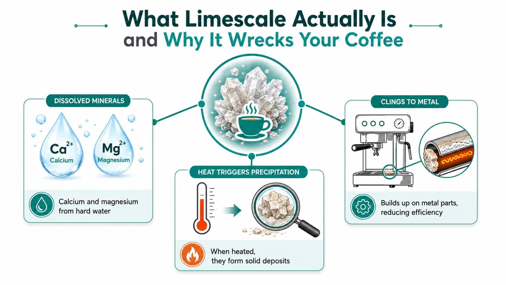 An infographic explaining how hard water minerals like calcium and magnesium cause limescale buildup in coffee machines.