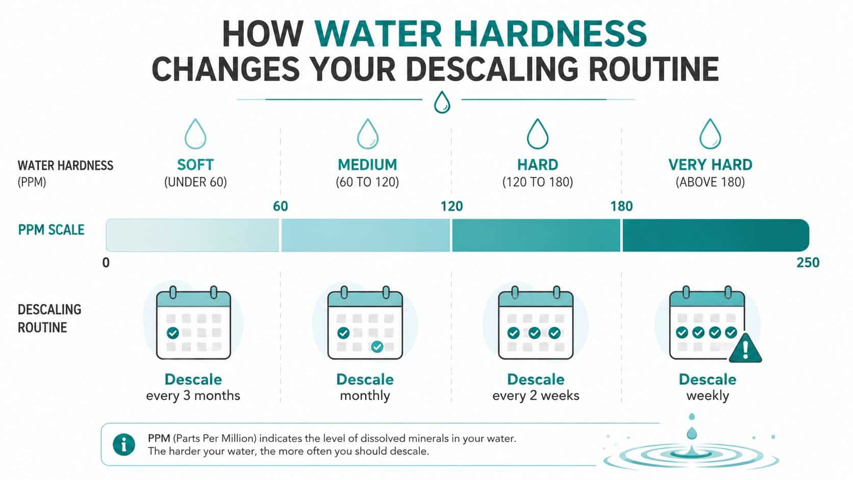 A chart showing how water hardness levels in ppm affect the frequency of machine descaling routines.