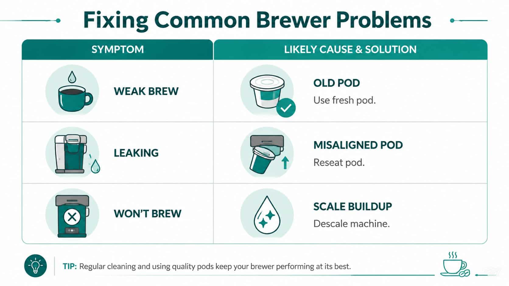 A helpful infographic outlining common problems for single serve coffee makers, their causes, and simple solutions.