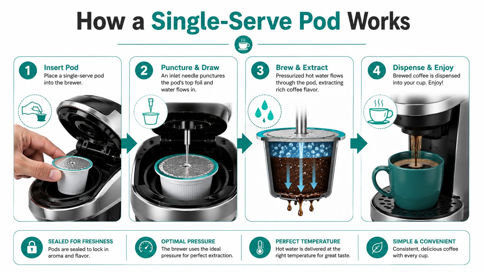 A step-by-step infographic illustrating how single-serve coffee pods are used in a brewing machine.