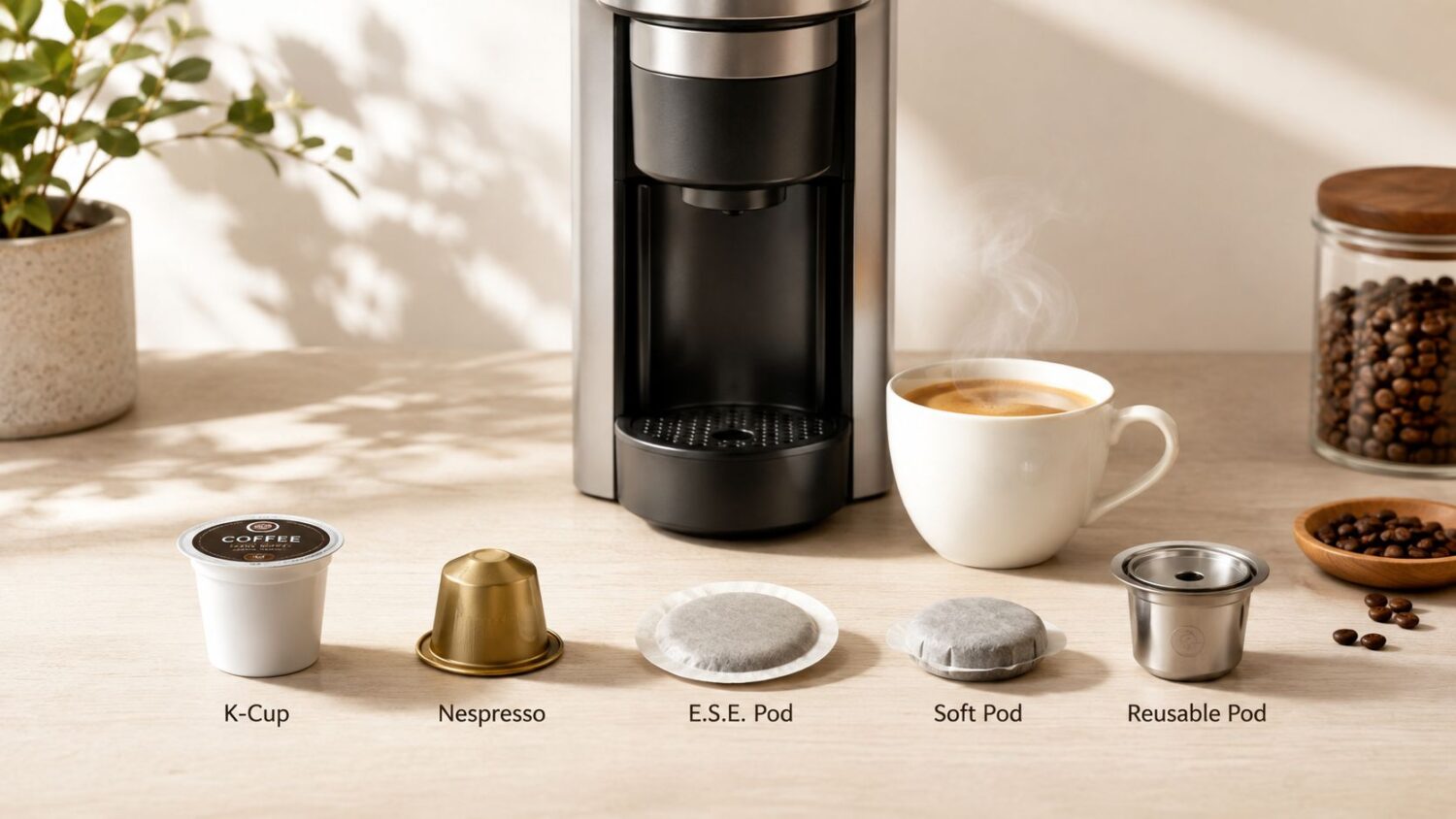 Coffee maker with K-Cup, Nespresso, E.S.E. pod, soft pod, and reusable pod