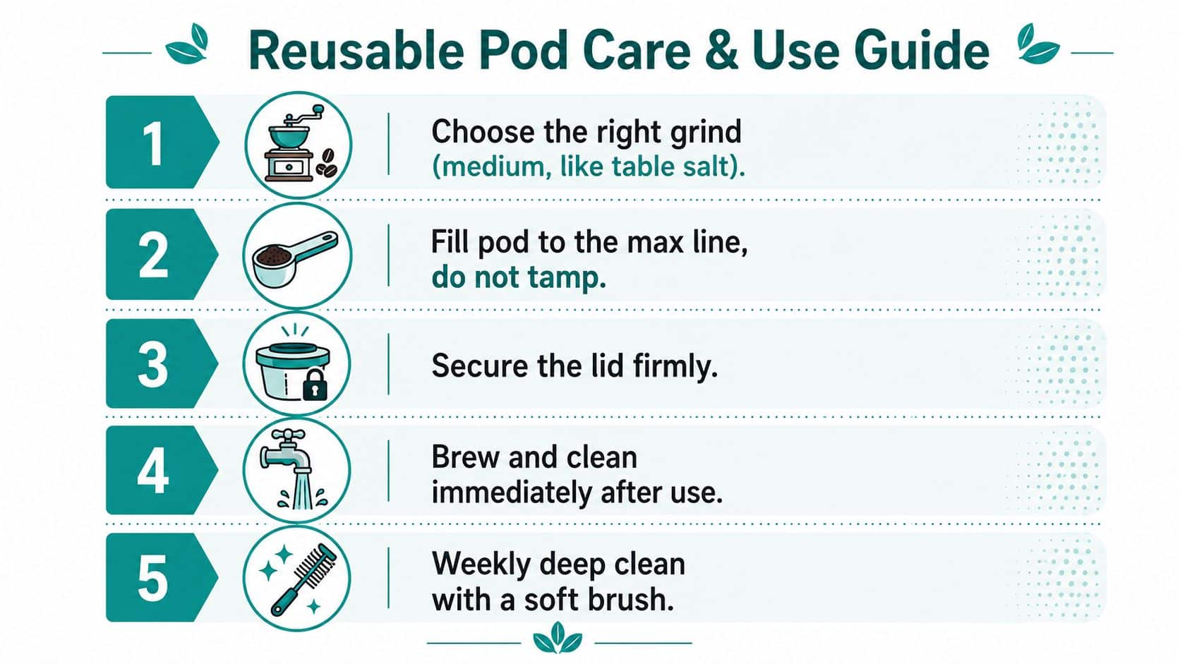 A five-step instructional guide on how to care for and use reusable coffee pods correctly.