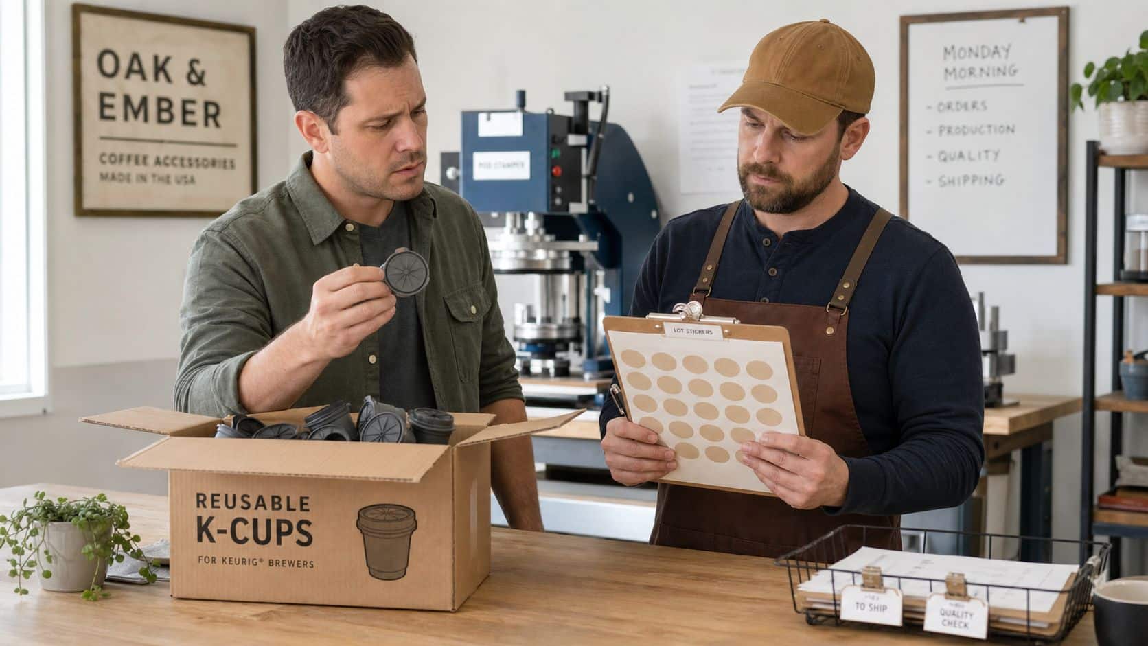 Two craftsmen inspecting reusable coffee pods and quality control checklists in a professional workshop environment.