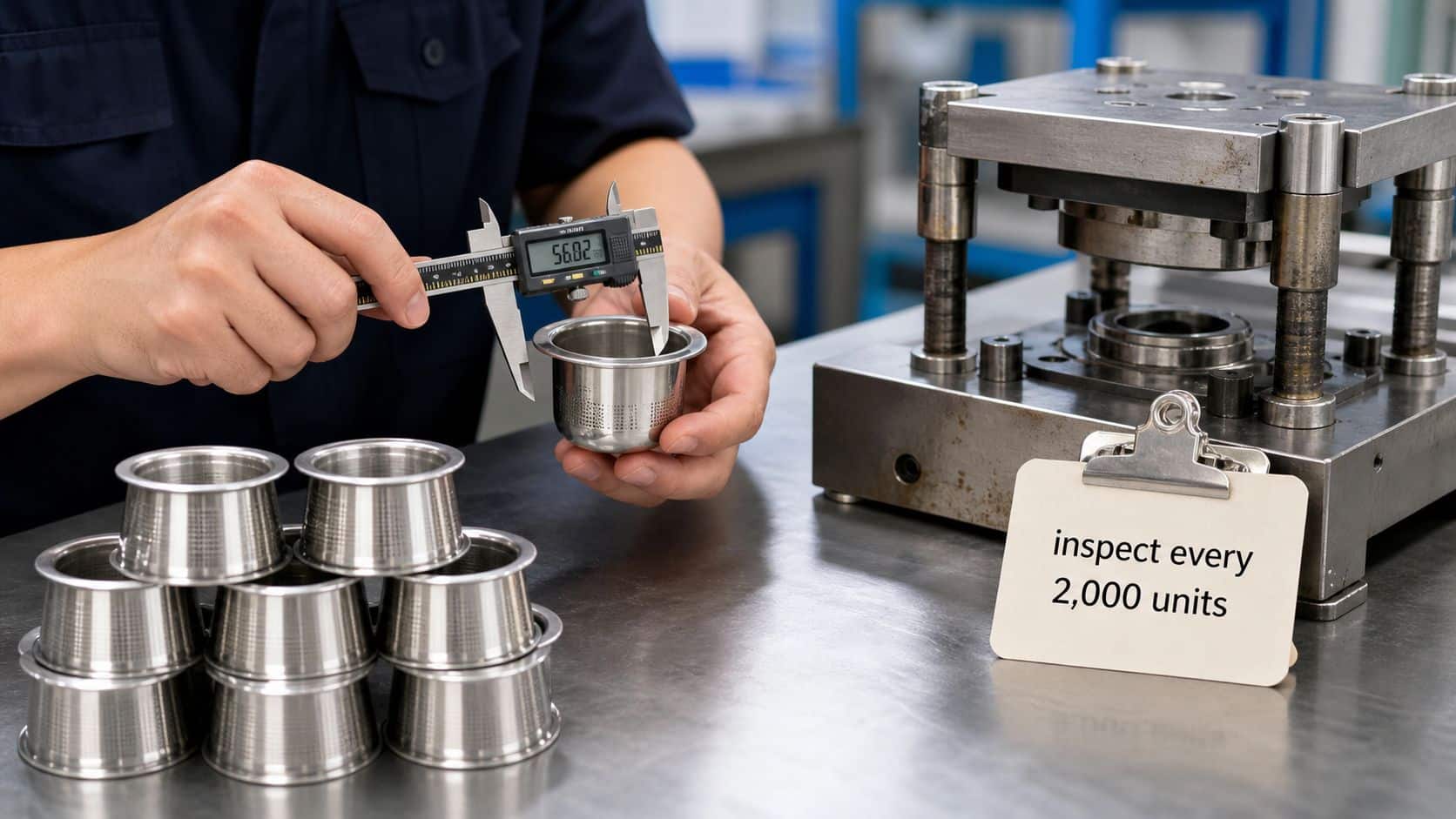 A technician using a digital caliper to measure a metal part with an inspection reminder note nearby.