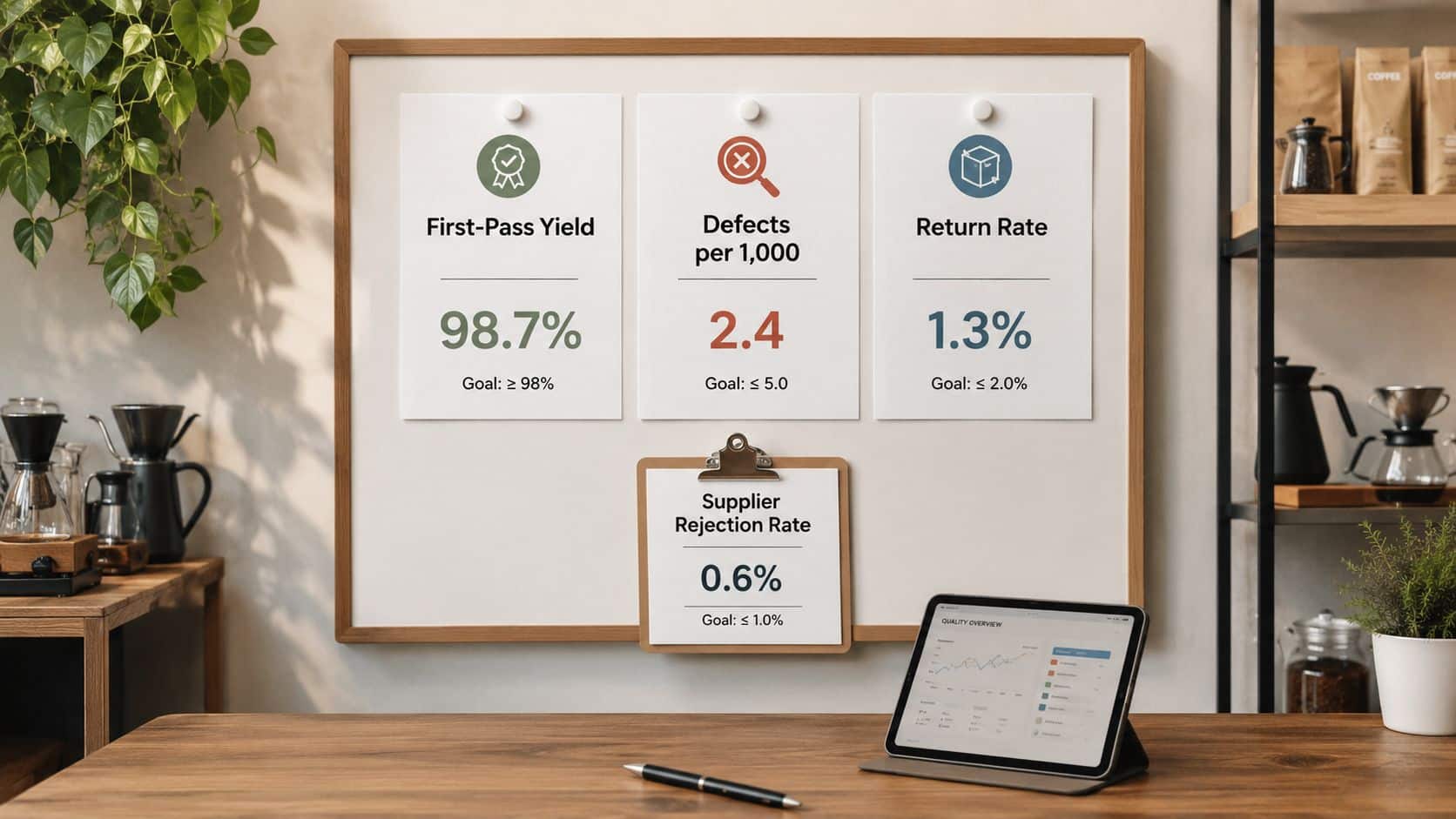 A whiteboard displays four key quality performance metrics including yield, defect rates, returns, and supplier rejections.