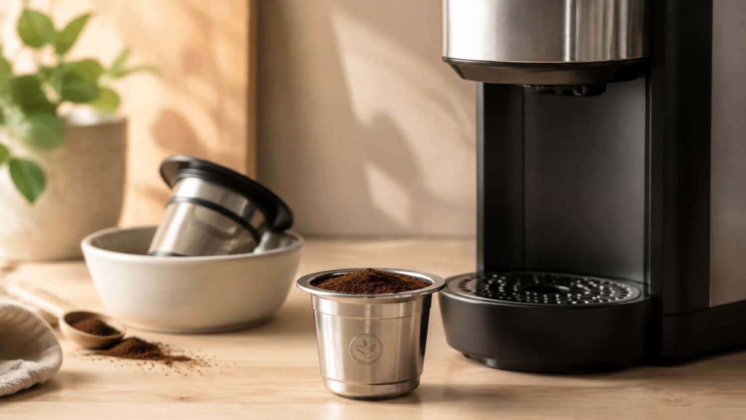 Reusable coffee pod filled with grounds next to a coffee maker