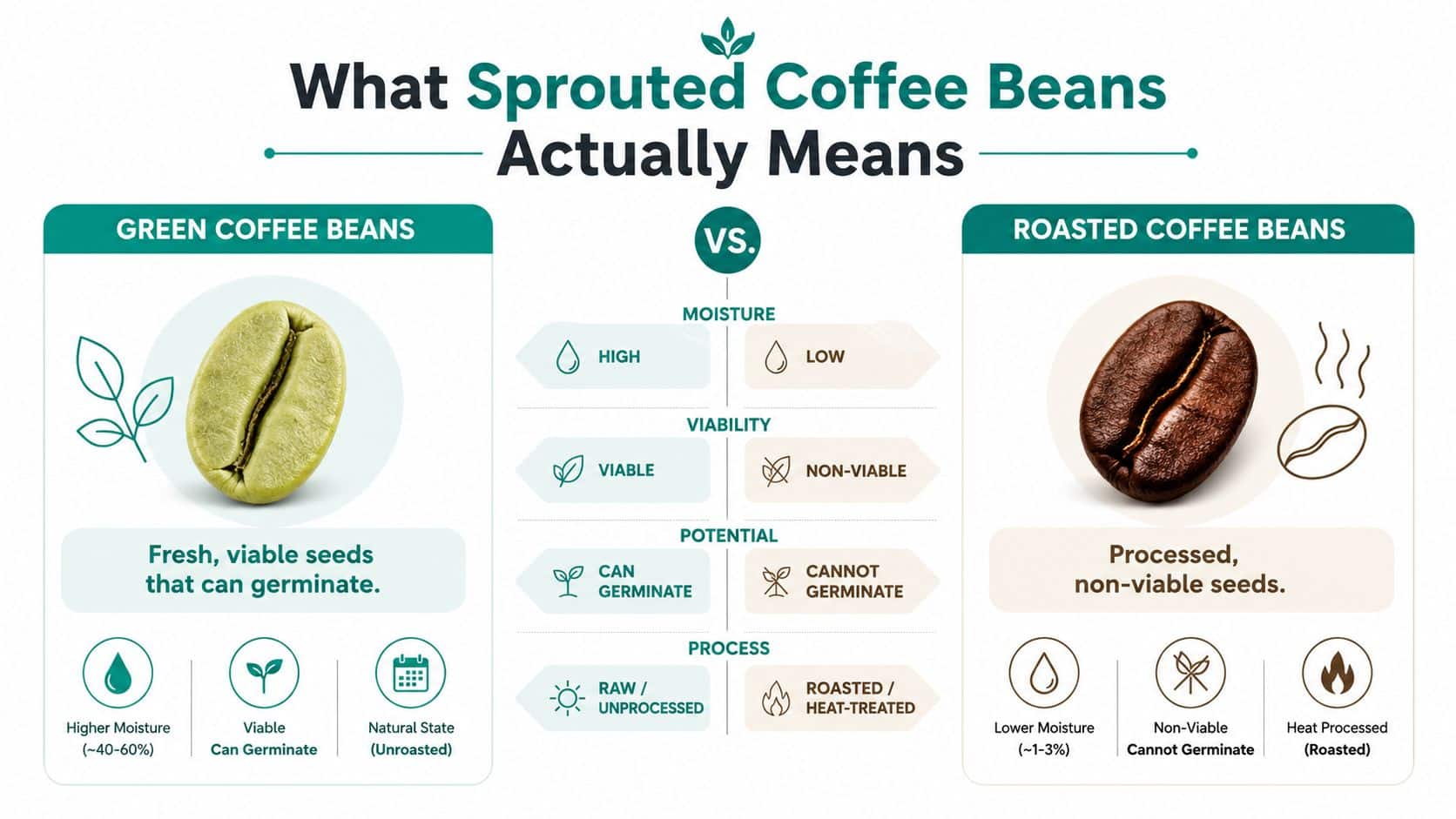 A comparison infographic showing the difference between green, viable coffee beans and roasted, non-viable coffee beans.