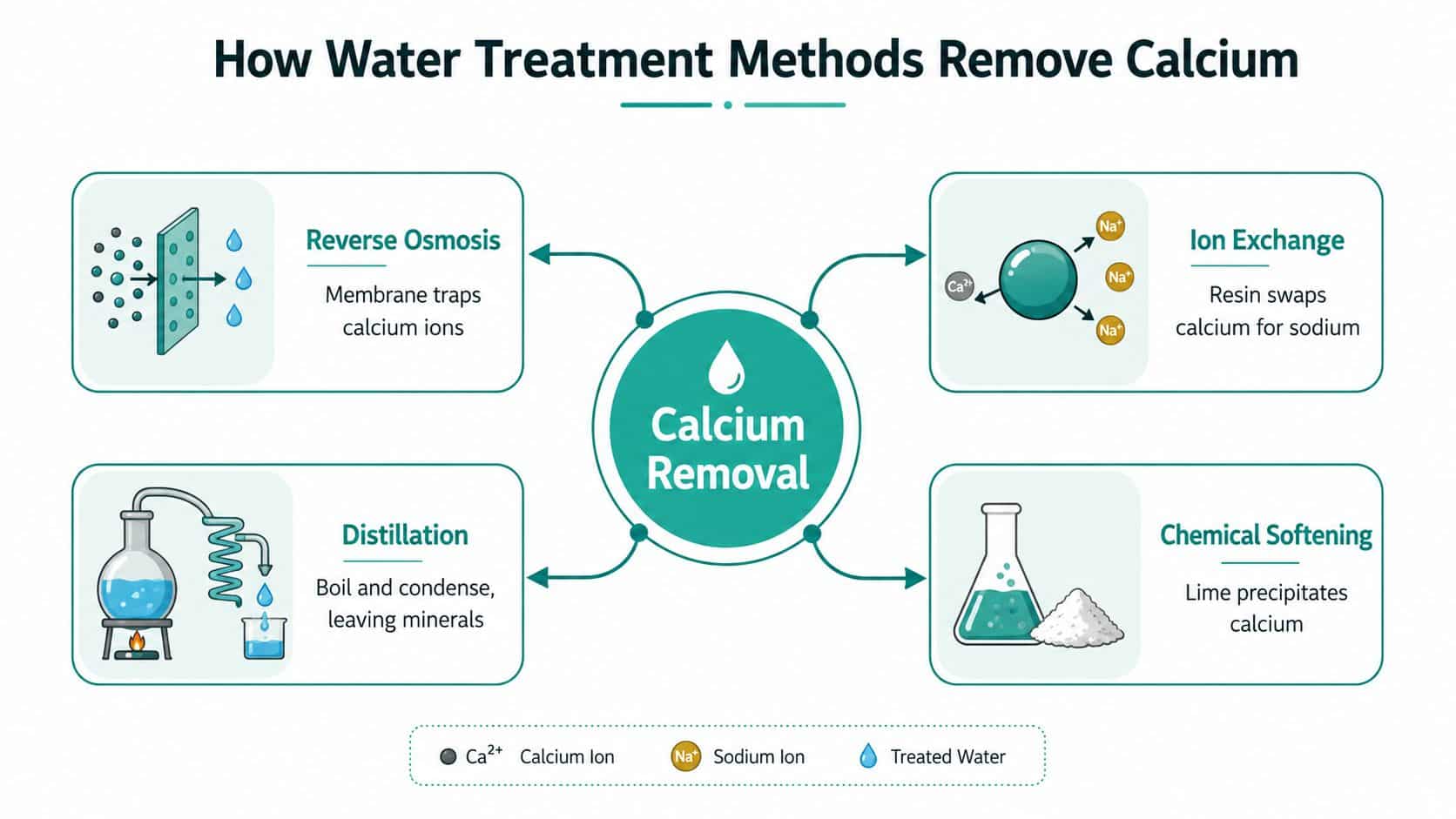 An infographic illustrating four common water treatment methods for removing calcium: reverse osmosis, ion exchange, distillation, and chemical softening.