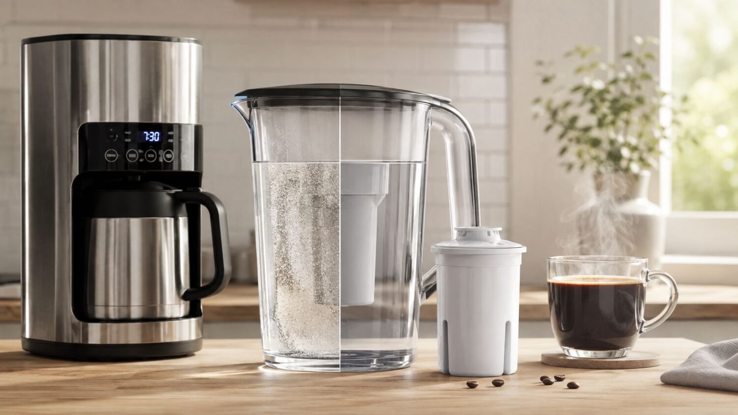 Stainless steel coffee maker, water filter pitcher, and hot coffee