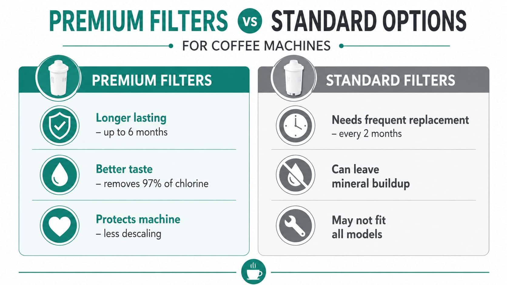 A comparison infographic between premium coffee machine water filters and standard options, highlighting benefits and drawbacks.