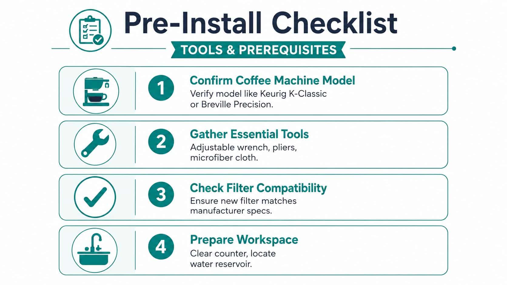 A four-step pre-installation checklist infographic for setting up coffee machine water filters in a kitchen.
