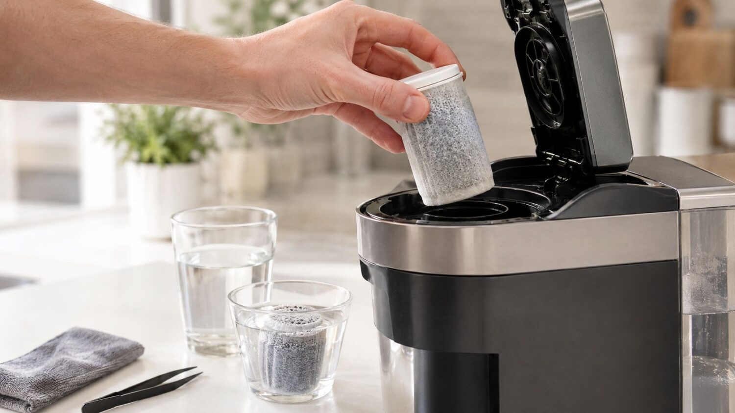 Person inserting water filter into coffee maker, preparing for fresh brew.