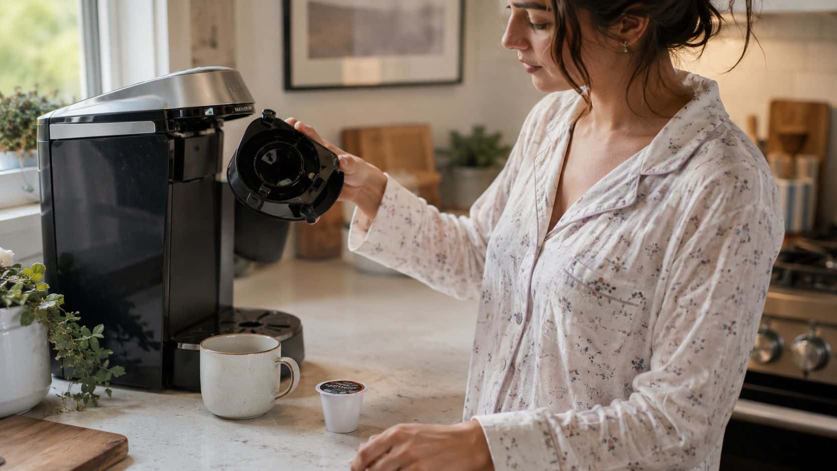 A woman in pajamas preparing coffee using a modern single-serve coffee maker in her kitchen.