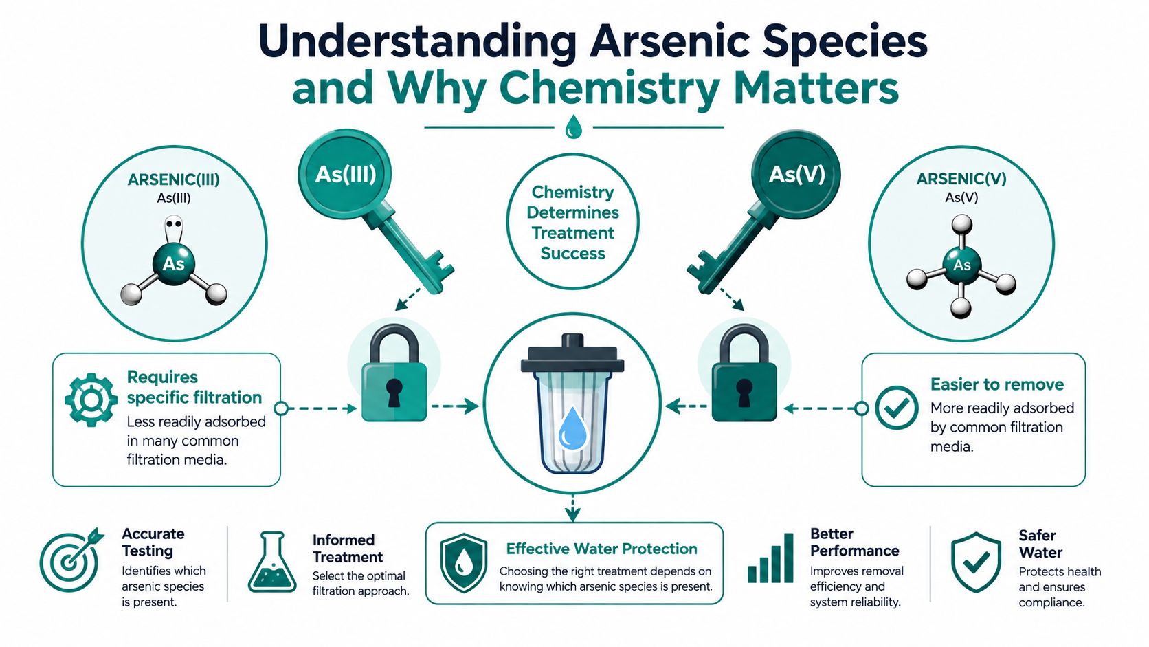 An infographic explaining the importance of understanding arsenic species like As(III) and As(V) for effective water filtration.