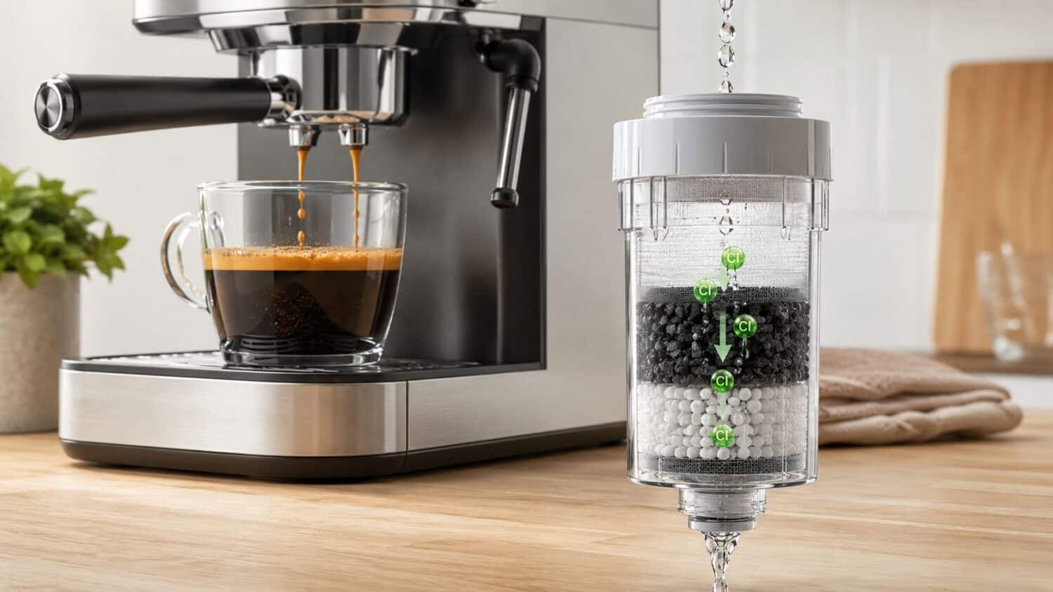 Espresso machine brewing coffee next to a water filter showing filtration layers.