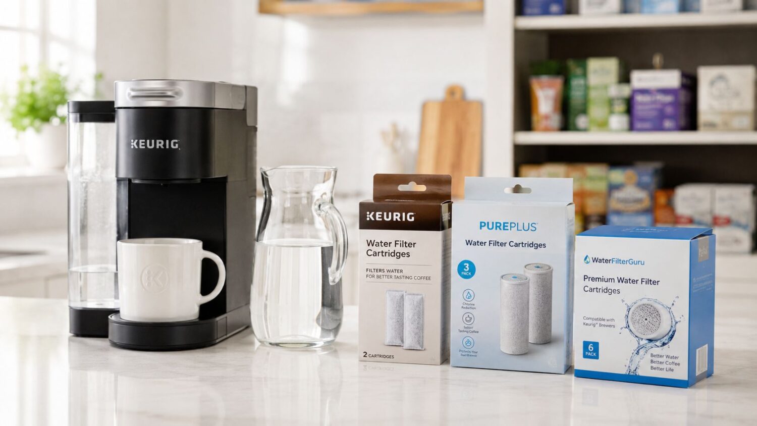 Keurig coffee maker with water filter cartridges and PurePlus filters