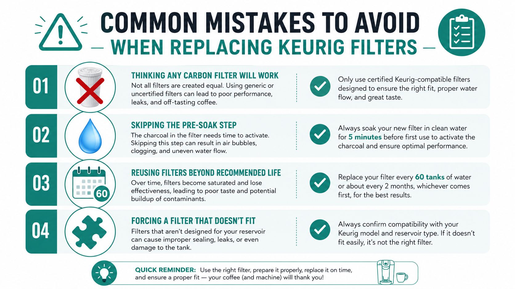 An infographic showing four common mistakes to avoid when replacing Keurig filters for better coffee.