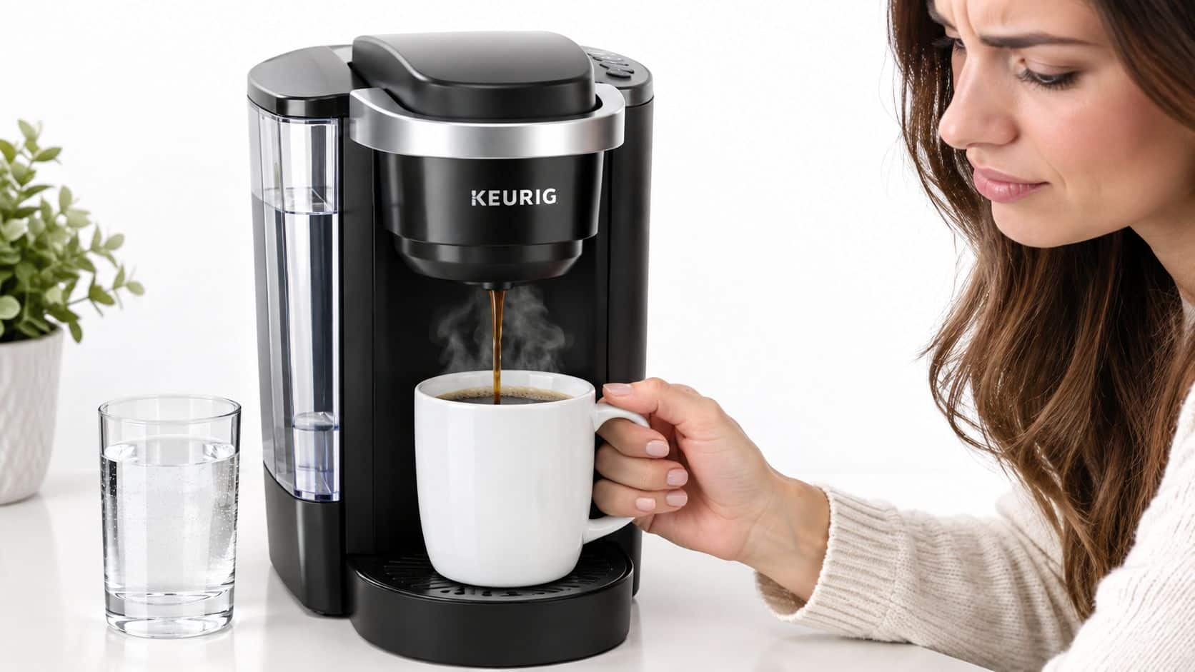 A woman looks concerned at a black Keurig coffee machine dispensing hot coffee into a white mug.