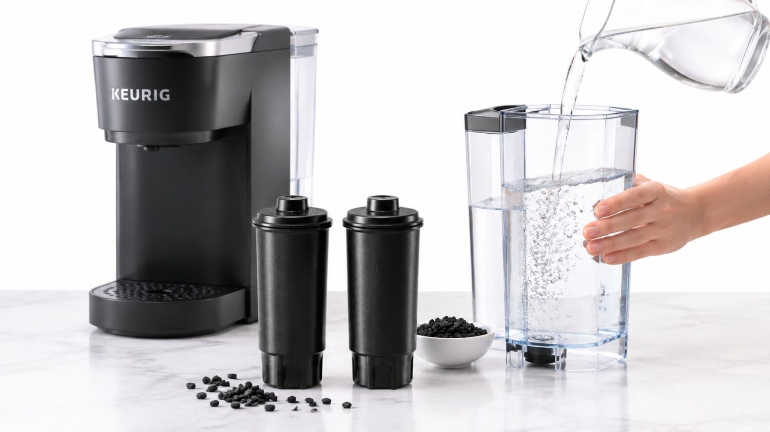 Keurig coffee maker, water filter, and reservoir with water being poured.