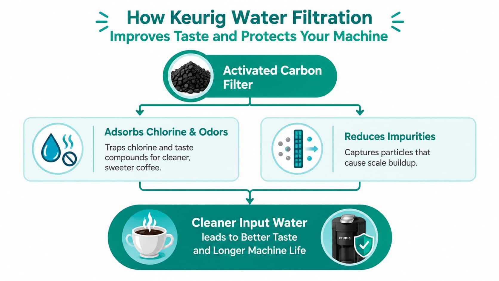A diagram explaining how Keurig activated carbon filters improve coffee taste and extend machine lifespan by removing impurities.