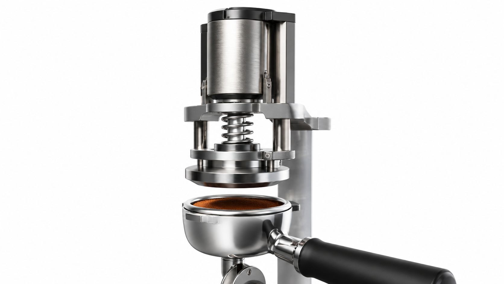 A professional automatic espresso tamper machine pressing ground coffee in a stainless steel portafilter basket.