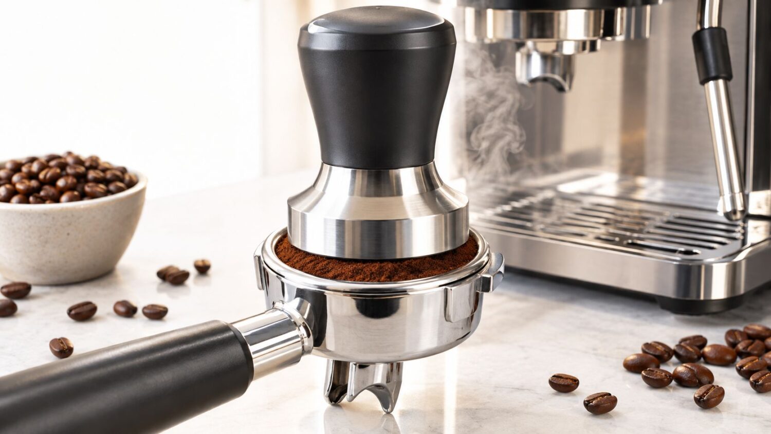 Espresso tamper pressing coffee grounds in portafilter near machine