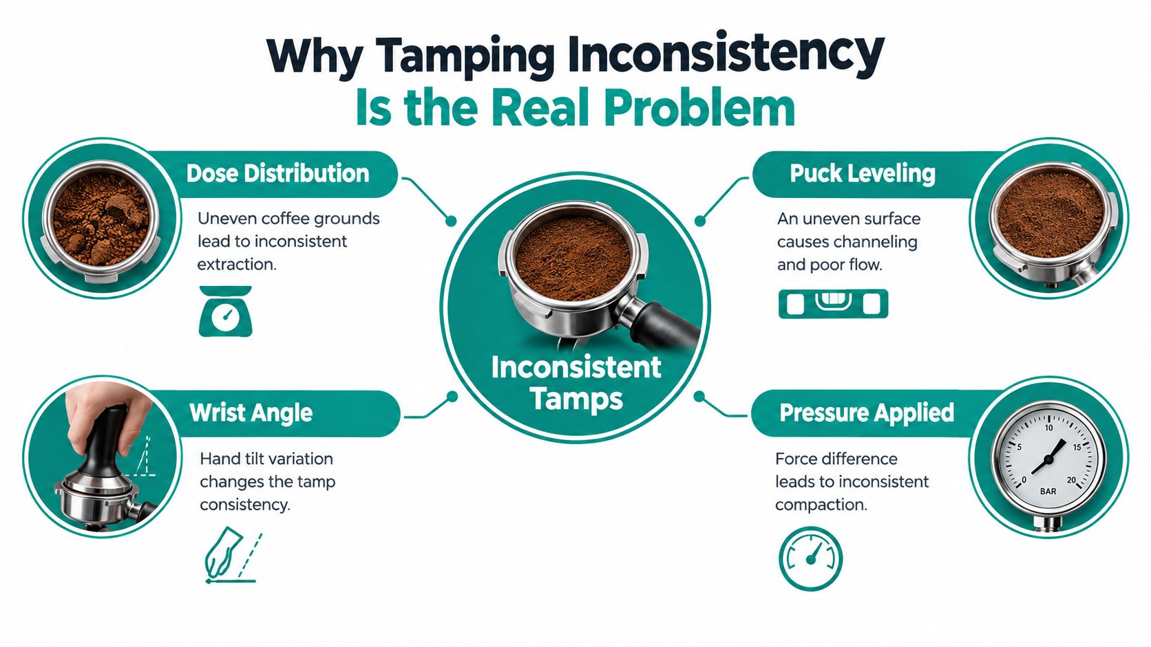 An infographic showing four common espresso tamping inconsistencies that affect extraction quality and coffee consistency.