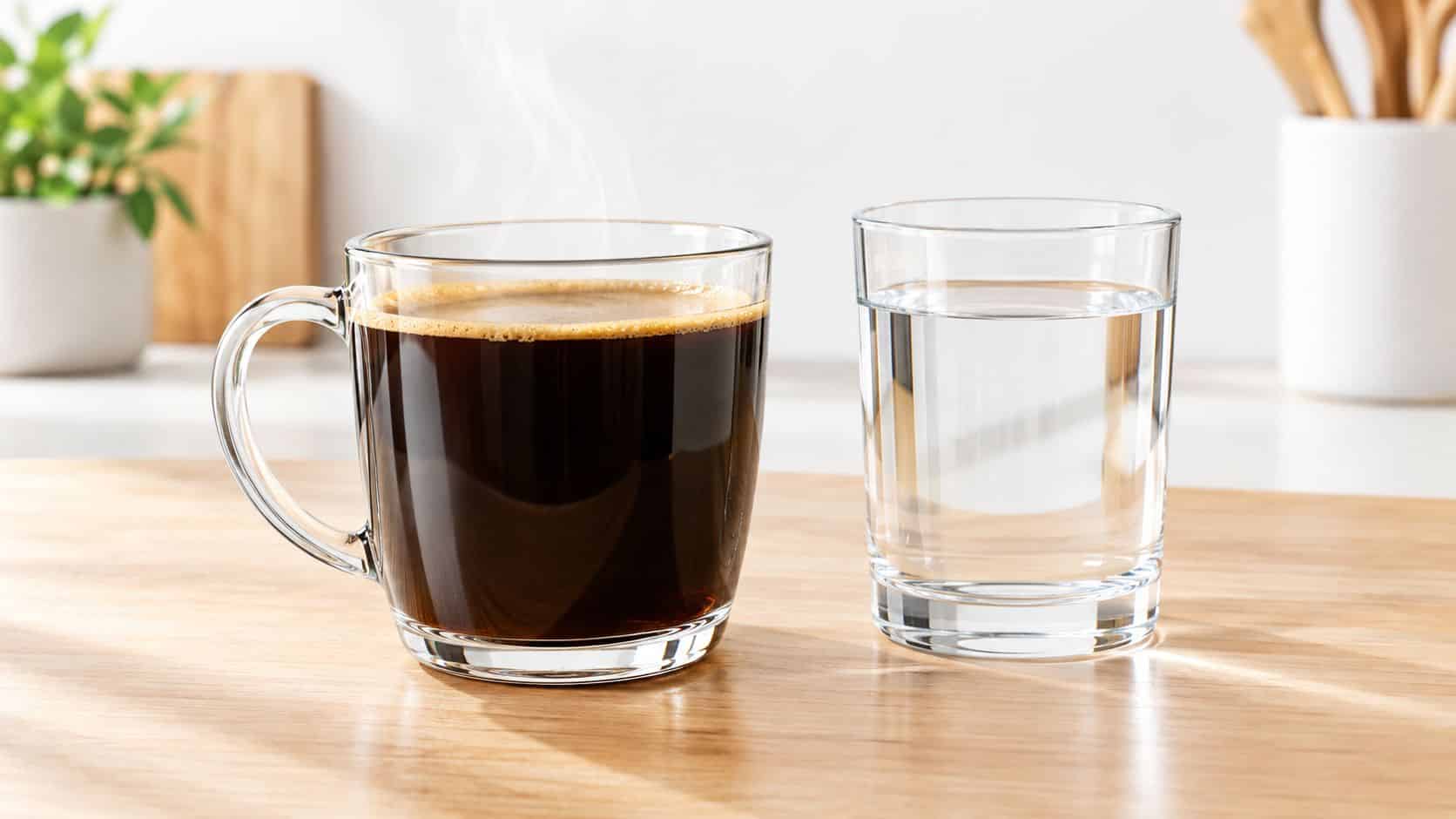 A steaming glass mug of black coffee next to a clear glass of water on a wooden table.