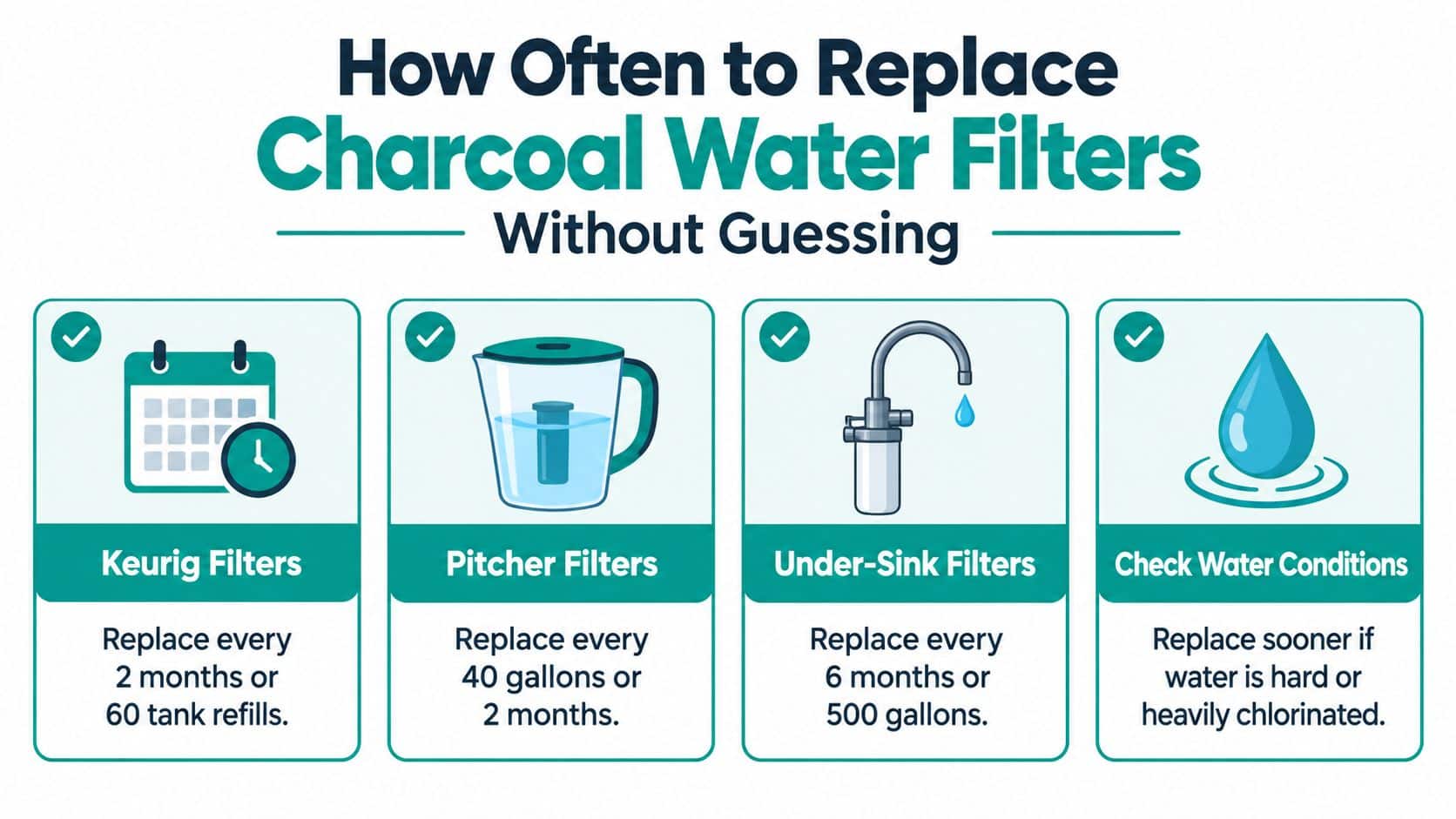 A helpful infographic outlining recommended replacement schedules for various types of household charcoal water filters.