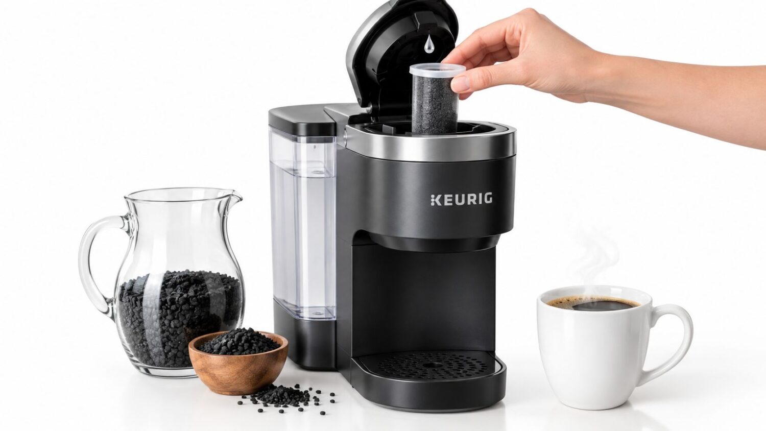 Keurig coffee maker with filter, water reservoir, coffee beans, and a cup of coffee.