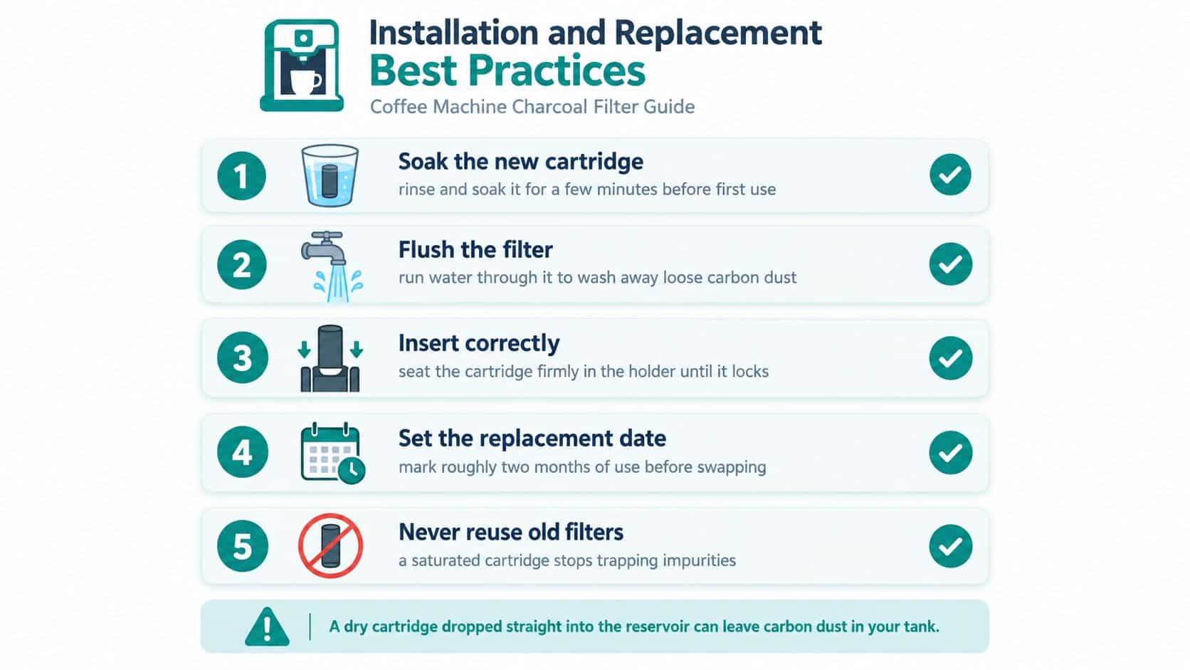 An infographic detailing five best practices for installing and replacing coffee machine charcoal water filters.
