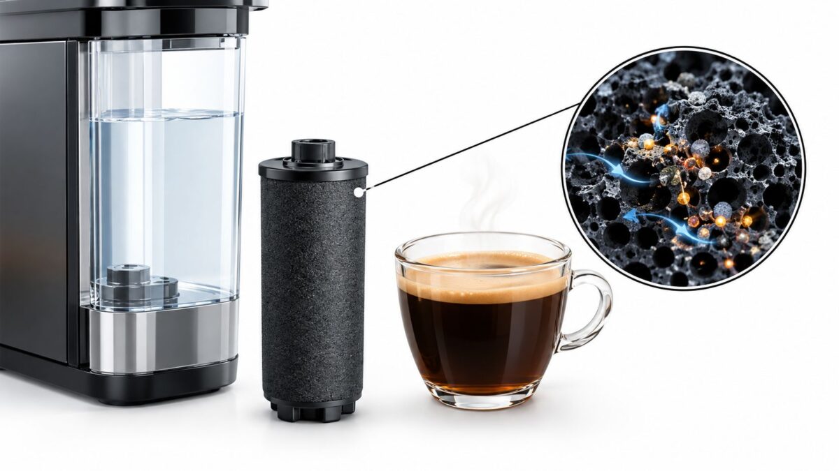 Water filter cartridge next to coffee maker and cup of coffee, showing activated carbon filtration.